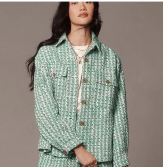 Anthropologie Maeve Plaid Tweed Relaxed Shacket Shirt Jacket Preppy Green XL - Picture 12 of 12
